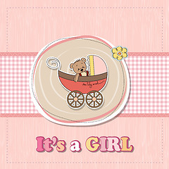 Image showing baby girl shower card with funny teddy bear in stroller