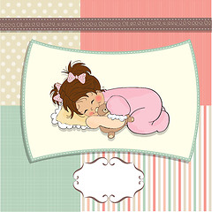 Image showing baby shower card with little baby girl play with her teddy bear 