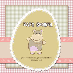 Image showing childish baby girl announcement card with hippo toy