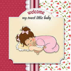 Image showing baby shower card with little baby girl play with her teddy bear 