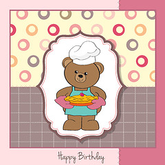 Image showing teddy bear with pie. birthday greeting card