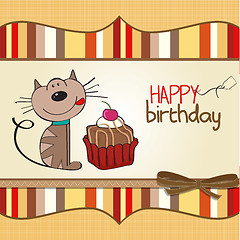 Image showing birthday greeting card with a cat waiting to eat a cake