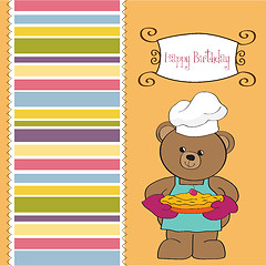 Image showing teddy bear with pie. birthday greeting card