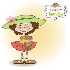 Image showing cute birthday greeting card with girl and her teddy bear