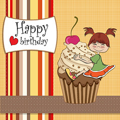 Image showing birthday card with funny girl perched on cupcake