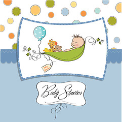 Image showing little boy sleeping in a pea been, baby announcement card