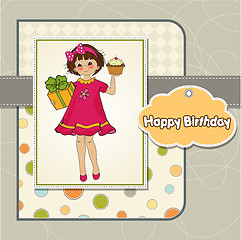 Image showing birthday greeting card with girl and big cupcake