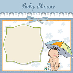 Image showing baby boy shower card with funny baby under his umbrella