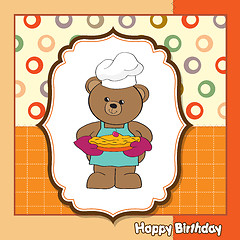 Image showing teddy bear with pie. birthday greeting card