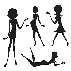 Image showing three cute fashion girls, black and white vector illustration is