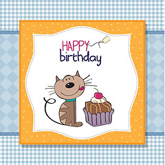 Image showing birthday greeting card with a cat waiting to eat a cake