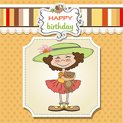 Image showing cute birthday greeting card with girl and her teddy bear