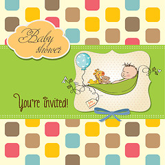 Image showing little boy sleeping in a pea been, baby shower card