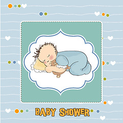 Image showing baby shower card with little baby boy sleep with his teddy bear 