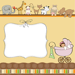 Image showing new baby girl announcement card with pram