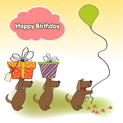 Image showing three dogs that offer a big gift. birthday greeting card