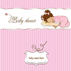 Image showing baby shower card with little baby girl play with her teddy bear 