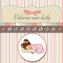 Image showing baby shower card with little baby girl play with her teddy bear 