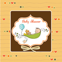 Image showing little boy sleeping in a pea been, baby announcement card