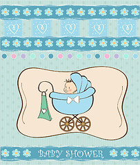 Image showing baby boy announcement card with baby and pram