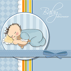 Image showing baby shower card with little baby boy sleep with his teddy bear 