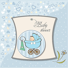 Image showing baby boy announcement card with baby and pram