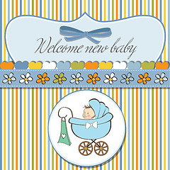 Image showing baby boy announcement card with baby and pram