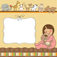 Image showing new baby girl announcement card with girl and her toy