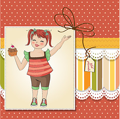 Image showing birthday greeting card with girl and big cupcake