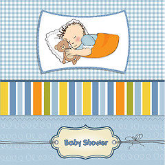 Image showing baby shower card with little baby boy sleep with his teddy bear 