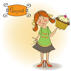 Image showing birthday greeting card with girl and big cupcake