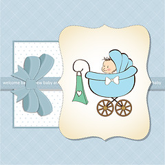 Image showing baby boy announcement card with baby and pram