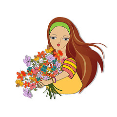 Image showing young girl with a bunch of flowers