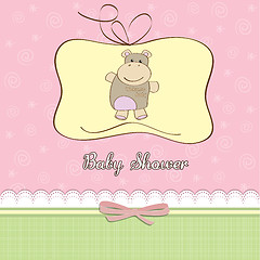 Image showing childish baby girl announcement card with hippo toy