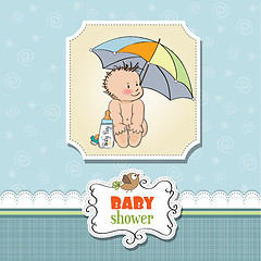 Image showing baby boy shower card with funny baby under his umbrella