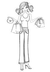 Image showing young girls at shopping, black and white vector illustration iso