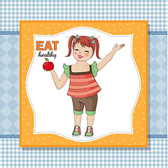 Image showing pretty young girl recommends healthy food