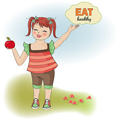 Image showing pretty young girl recommends healthy food