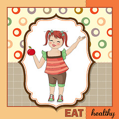 Image showing pretty young girl recommends healthy food