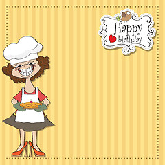 Image showing birthday greeting card with funny woman and pie