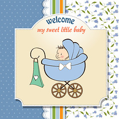 Image showing baby boy announcement card with baby and pram