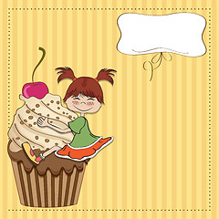 Image showing birthday card with funny girl perched on cupcake