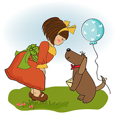 Image showing young girl and her dog in a wonderful birthday greeting card