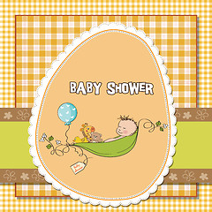 Image showing little boy sleeping in a pea been, baby announcement card