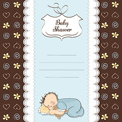 Image showing baby shower card with little baby boy sleep with his teddy bear 