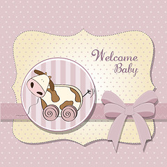 Image showing Baby shower card with cute cow toy