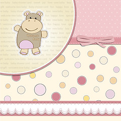 Image showing childish baby girl announcement card with hippo toy