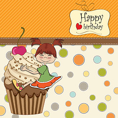 Image showing birthday card with funny girl perched on cupcake