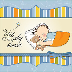 Image showing baby shower card with little baby boy sleep with his teddy bear 