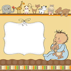 Image showing new baby boy announcement card with baby and his toy